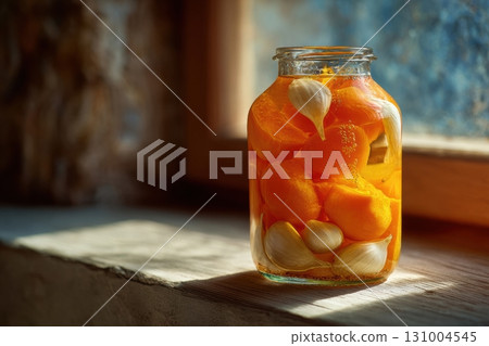 Fermented pumpkins and garlic in a jar 131004545