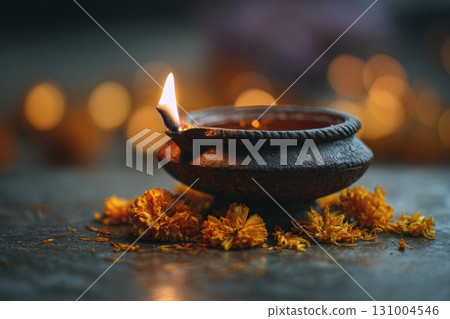 Close-up of a traditional clay diya lamp 131004546