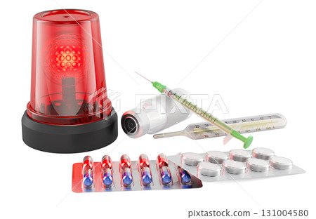 Emergency medical set. Red siren with syringe, pills and thermometer. 3D rendering Emergency medical set. Red siren with syringe, pills and thermometer. 3D rendering 131004580