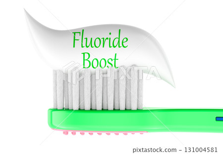 Fluoride Boost toothpaste on toothbrush. 3D rendering Fluoride Boost toothpaste on toothbrush. 3D rendering 131004581
