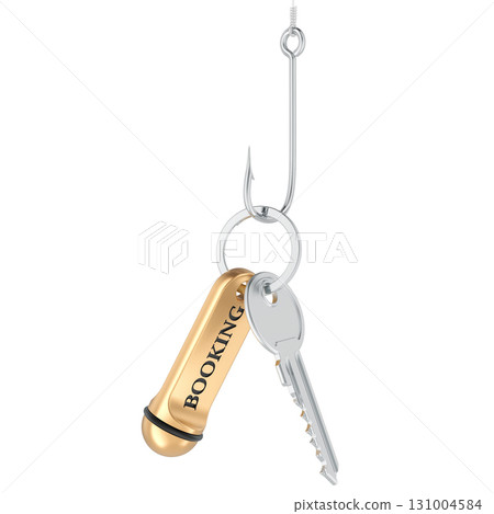 Hotel booking key on fish hook. Concept of scam, phishing, reservation fraud. 3D rendering Hotel booking key on fish hook. Concept of scam, phishing, reservation fraud. 3D rendering 131004584