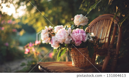 Bouquet of pink and white peonies in a wicker basket 131004613