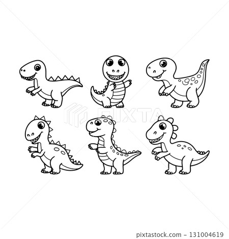 Six colorful dinosaur characters engaging in playful activities in a creative illustration for kids Six colorful dinosaur characters engaging in playful activities in a creative illustration for kids 131004619