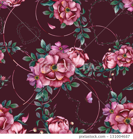 Floral seamless pattern pink flowers, abstract heart, butterfly. Watercolor peony with leaves isolated on maroon background. Repeat illustration for wrapping paper, packaging, scrapbook, textiles Floral seamless pattern pink flowers, abstract heart, butterfly. Watercolor peony with leaves isolated on maroon background. Repeat illustration for wrapping paper, packaging, scrapbook, textiles 131004687