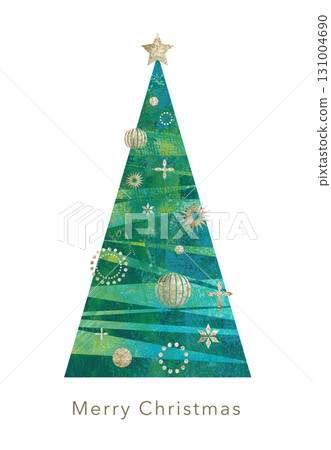 Simple Christmas tree with gold decorations. Paint texture illustration 131004690