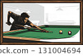 A cartoon style illustration of a billiard player playing billiards in a pool room with multiple snooker tables. 131004694