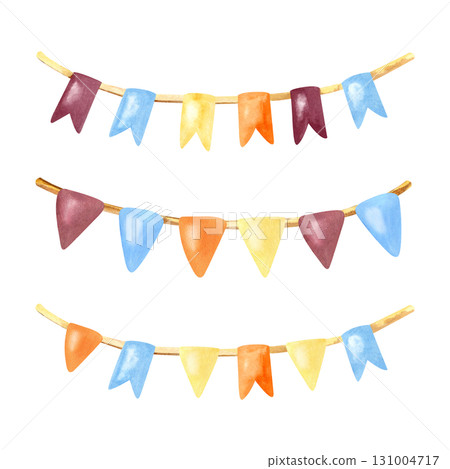 Festive garland multicolored flag set. Watercolor children isolated clip art. Bright color vintage decoration. Hand drawn Illustration for pattern design, greeting card, holiday packaging, sticker Festive garland multicolored flag set. Watercolor children isolated clip art. Bright color vintage decoration. Hand drawn Illustration for pattern design, greeting card, holiday packaging, sticker 131004717