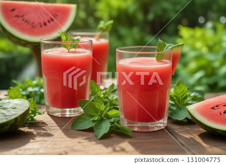 Fresh berry drink. Watermelon juice. Healthy eating. Generative ai. 131004775