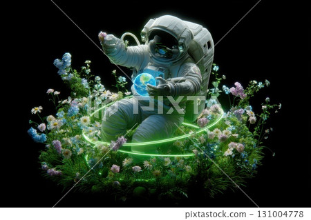 Astronaut Floating Gently While Holding a Glowing Miniature World Surrounded by Flowers 131004778