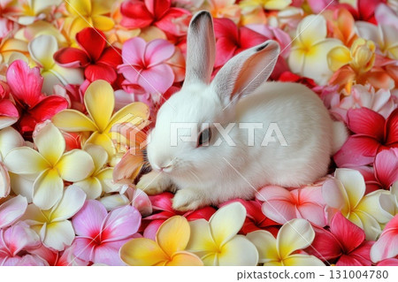 Charming White Rabbit Resting on a Sea of Colorful Floral Petals in a Vibrant Scene 131004780