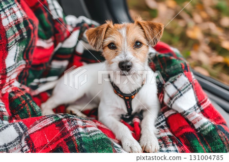 Adorable Dog Sitting on Car Seat with Cozy Travel Blanket Ready for Adventure Adorable Dog Sitting on Car Seat with Cozy Travel Blanket Ready for Adventure 131004785