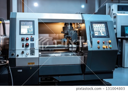 High-Tech Lathe Machine Operating in Modern Workshop with Advanced Control Panel High-Tech Lathe Machine Operating in Modern Workshop with Advanced Control Panel 131004803
