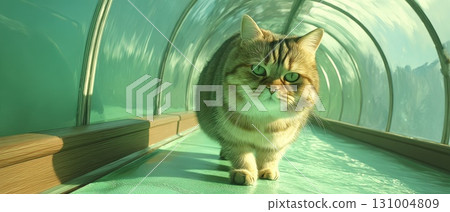 Rotund Cat Walking Steadily on Transparent Walkway in Bright and Modern Environment Rotund Cat Walking Steadily on Transparent Walkway in Bright and Modern Environment 131004809