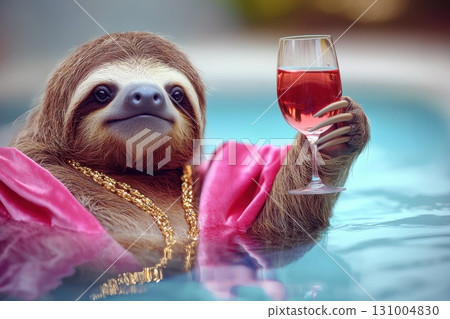 Plump Sloth Enjoying Refreshing Drink in Vibrant Pink Robe by Poolside 131004830