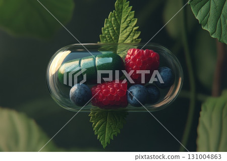 Floating Capsule with Vibrant Berries and Leafy Greens Surrounded by Nature Floating Capsule with Vibrant Berries and Leafy Greens Surrounded by Nature 131004863