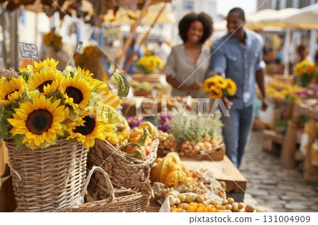 Bustling Farmers Market Scene with Sunflowers and Happy Shoppers on a Vibrant Street Bustling Farmers Market Scene with Sunflowers and Happy Shoppers on a Vibrant Street 131004909