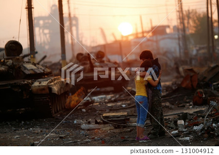 A couple embrace in front of a destroyed building, Scene is somber and sad 131004912