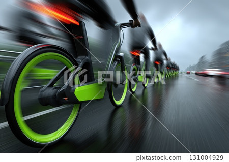 High Energy Montage of Green Bikes in Motion Showcasing Urban Mobility Innovations 131004929