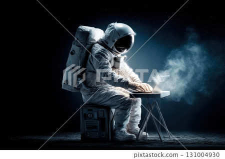 Astronaut Seated at Workstation Surrounded by Steel in a Dark Environment 131004930