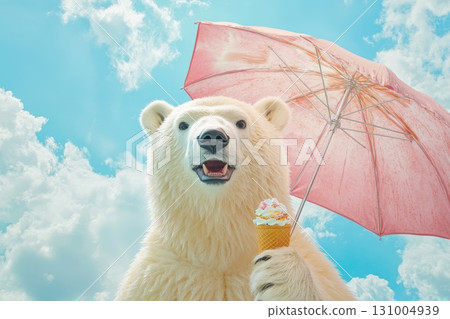 Polar Bear Enjoys Ice Cream Under Pink Umbrella in Sunny Sky 131004939