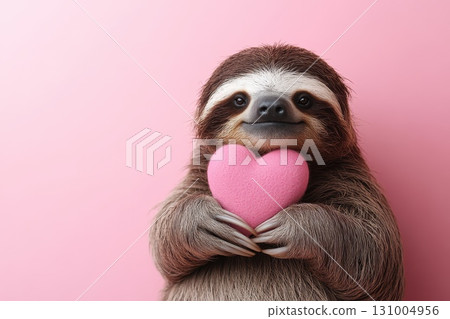 Adorable sloth holding a pink heart on a soft pink background expressing love and affection 131004956