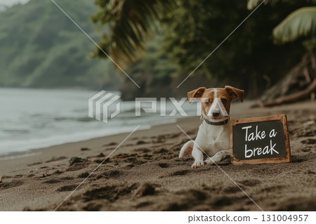 Cute Dog on Sandy Beach with Relaxing Sign Encouraging Everyone to Take a Break 131004957