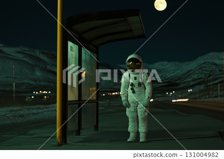 Astronaut Waiting at Futuristic Bus Stop Under Bright Moonlit Sky at Night 131004982