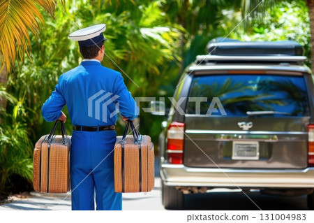 Stylish Valet in Uniform Assisting Guests with Luggage at Hotel Entrance 131004983