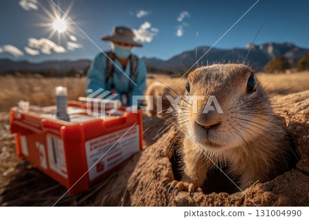 Prairie Dog Emerging from Burrow with Veterinarian in Background at Sunset in Open Landscape 131004990