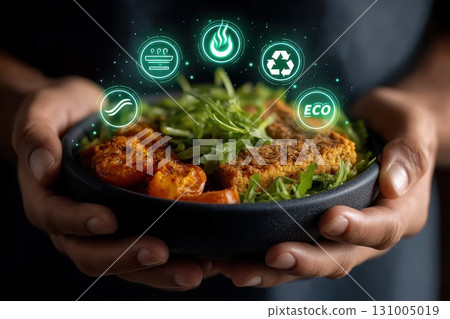 Hands Holding Fresh Plant-Based Bowl with Holographic Symbols of Sustainability and Nutrition 131005019