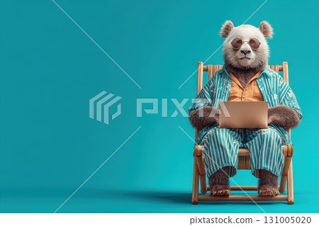 Calm Panda in Lounge Chair Relaxing at Summer Resort in Hawaii with Laptop 131005020