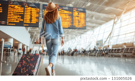 Solo traveler with wide-brimmed hat and suitcase walking through modern airport terminal Solo traveler with wide-brimmed hat and suitcase walking through modern airport terminal 131005026