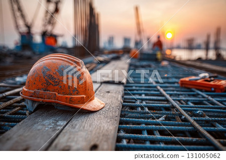 Construction Workers Resting Beside Tools and Helmet on Completed Site at Sunset 131005062
