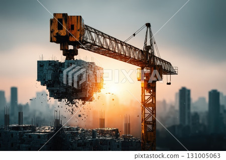 Crane Lifting Digital Cubes in Construction Site with Urban Background at Sunset 131005063