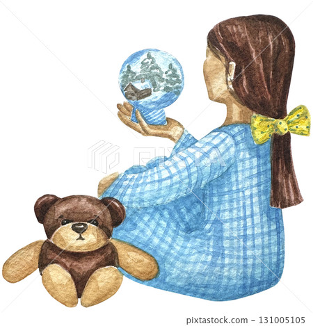 A sitting girl with a teddy bear and a glass ball. Watercolor illustration. A sitting girl with a teddy bear and a glass ball. Watercolor illustration. 131005105