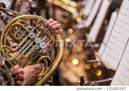 French horn instrument, hands playing horn player in philharmonic orchestra French horn instrument, hands playing horn player in philharmonic orchestra 131005267