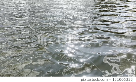 Scenery surface of pond illuminated by sun at summertime. Calm view on sea with small waves at sunny day. Beautiful summer nature landscape. Concept of tranquility scene. Slow motion 131005333
