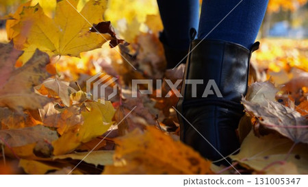 Low view of female feet in boots going on fallen maple leaves at parkland. Legs of young woman stepping on yellow foliage at park. Girl walking at parkland on autumn sunny day. Slow motion Low view of female feet in boots going on fallen maple leaves at parkland. Legs of young woman stepping on yellow foliage at park. Girl walking at parkland on autumn sunny day. Slow motion 131005347