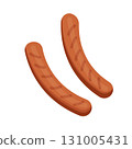 Fried sausage isolated on white background, street food concept, fast food, Bbq. Vector illustration of grilled sausage in flat cartoon style. Can be used for banner, cover, advertisement, menu 131005431