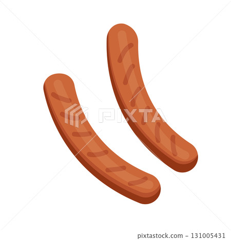 Fried sausage isolated on white background, street food concept, fast food, Bbq. Vector illustration of grilled sausage in flat cartoon style. Can be used for banner, cover, advertisement, menu Fried sausage isolated on white background, street food concept, fast food, Bbq. Vector illustration of grilled sausage in flat cartoon style. Can be used for banner, cover, advertisement, menu 131005431