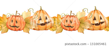 Hand-drawn seamless border of cheerful jack-o'-lanterns and autumn leaves. Perfect for Halloween designs, frames, or dividers. 131005461