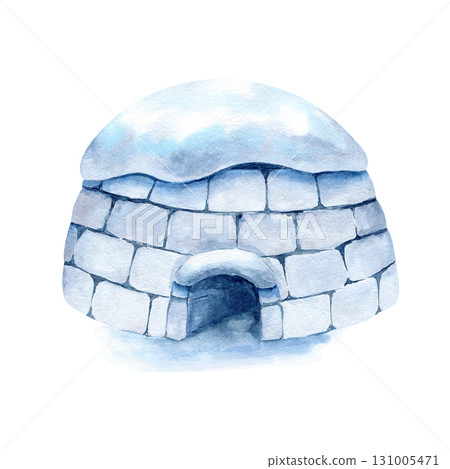 Igloo with snow on top. Watercolor icehouse ice blocks. North traditional winter house of Inuit, Eskimo. Clip art isolated from background for landscape design, children's book, educational material 131005471
