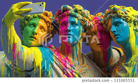Realistic reinterpretation of classical sculpture with modern colors and themes in a vibrant and playful selfie moment 131005551