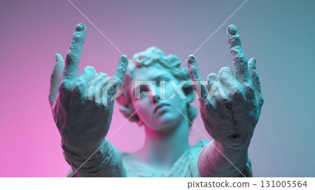 Marble statue of a figure making a rock hand gesture with vibrant lighting and detailed craftsmanship 131005564