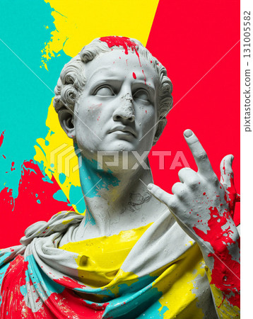 Marble bust making rock gesture with colorful splashes in vibrant background 131005582