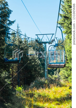 Chair Lift above the mountains and green forest of Bulgaria. Eco tourism. Tourist attraction. Seven Rila lakes. Cable car in the Rila Mountains 131005686