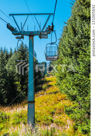 Chair Lift above the mountains and green forest of Bulgaria. Eco tourism. Tourist attraction. Seven Rila lakes. Cable car in the Rila Mountains Chair Lift above the mountains and green forest of Bulgaria. Eco tourism. Tourist attraction. Seven Rila lakes. Cable car in the Rila Mountains 131005692