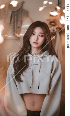 Young Asian Woman in Cropped Hoodie with Diamond Necklace in Softly Lit Room Young Asian Woman in Cropped Hoodie with Diamond Necklace in Softly Lit Room 131005714