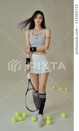 Athletic Woman in White Tennis Outfit Holding Racket with Purple Details Athletic Woman in White Tennis Outfit Holding Racket with Purple Details 131005715