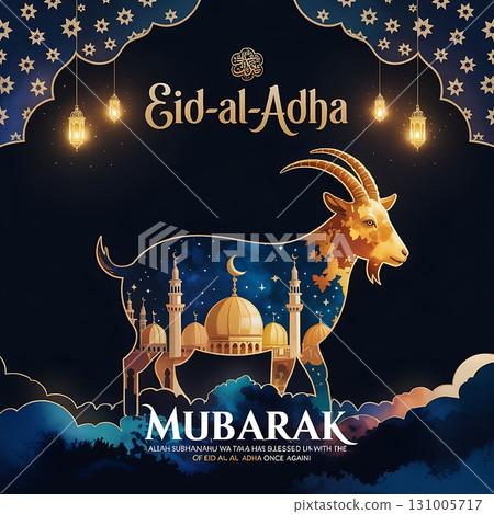 Eid-al-Adha Celebration Card with Golden Goat and Mosque Silhouette Illustration Eid-al-Adha Celebration Card with Golden Goat and Mosque Silhouette Illustration 131005717